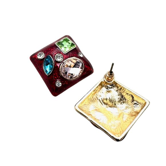 Womens Earrings Blue Pink Green Rhinestone Red Enamel Earrings Pierced - Picture 2 of 4